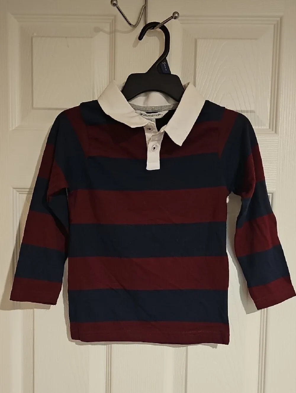 DISTORTION Boys Size 4 Collared Long-Sleeve Striped Shirt, Navy Burgundy New